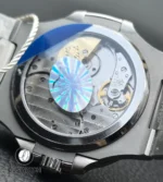 Transparent sapphire caseback of the Nautilus 5712/1A-001, showing the mechanical self-winding movement with decorated rotor and bridges.