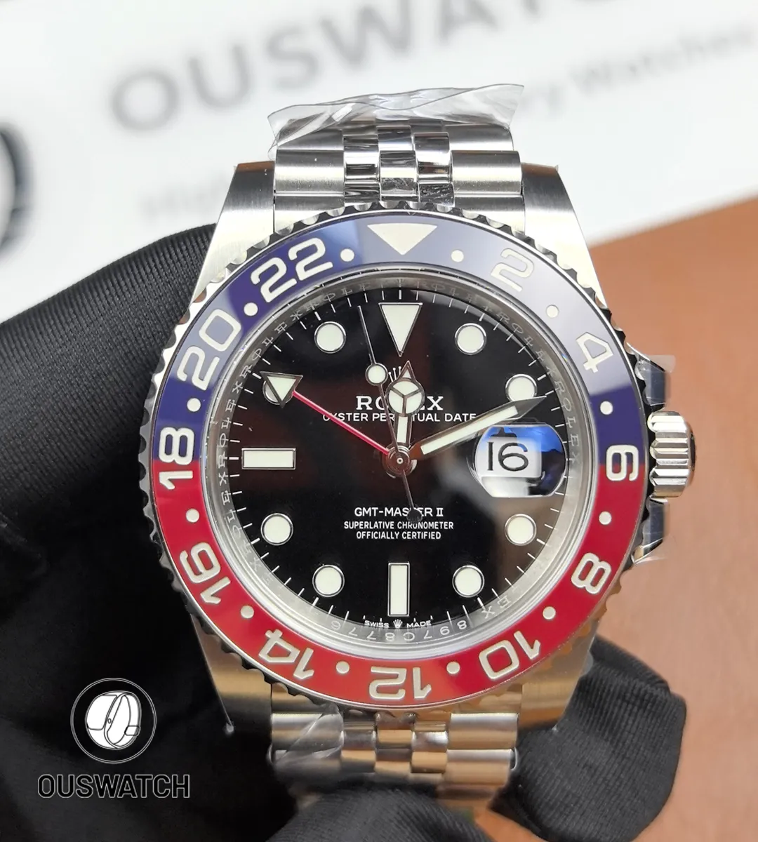Rolex GMT-Master II 126710BLRO-0001 — front view with Jubilee bracelet and visible hour markers.