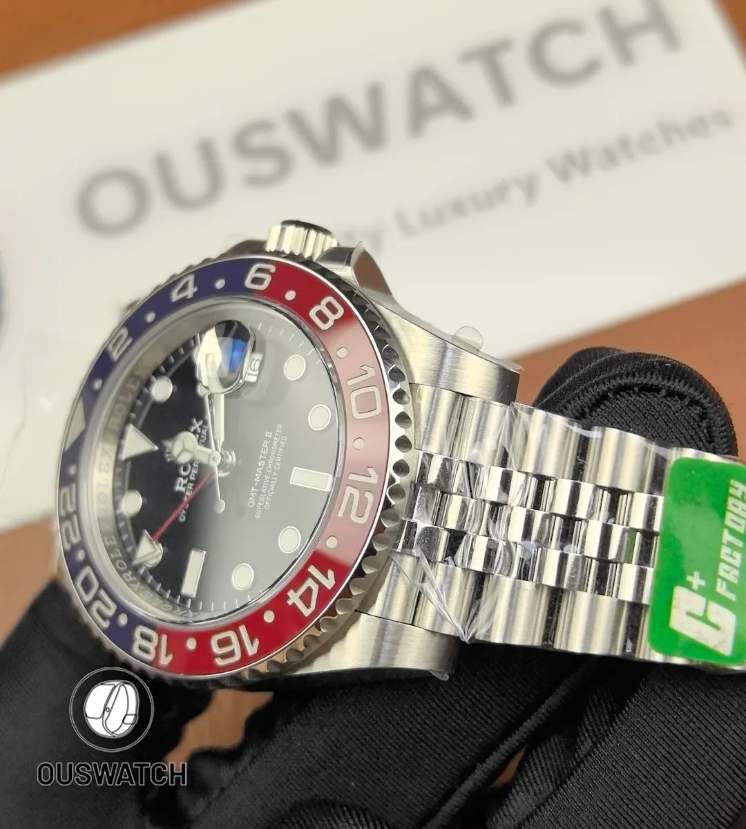 Full-length view of the stainless steel Jubilee bracelet on Rolex GMT-Master II 126710BLRO-0001.