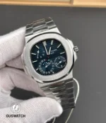 Patek 5712/1A-001 replica watch shown in a 130-degree angle view with full stainless steel bracelet
