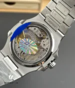 Rear view of Patek 5712 steel replica watch displaying the caseback and movement layout