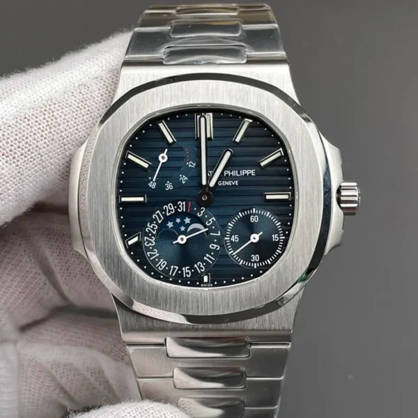 Patek Nautilus 5712/1A-001 replica watch front view with blue dial and stainless steel case