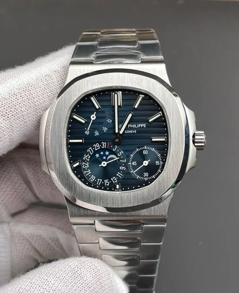 Patek Nautilus 5712/1A-001 replica watch front view with blue dial and stainless steel case