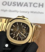 Close-up focused on the moonphase aperture, date subdial and finely applied hands on the 5712R brown dial.