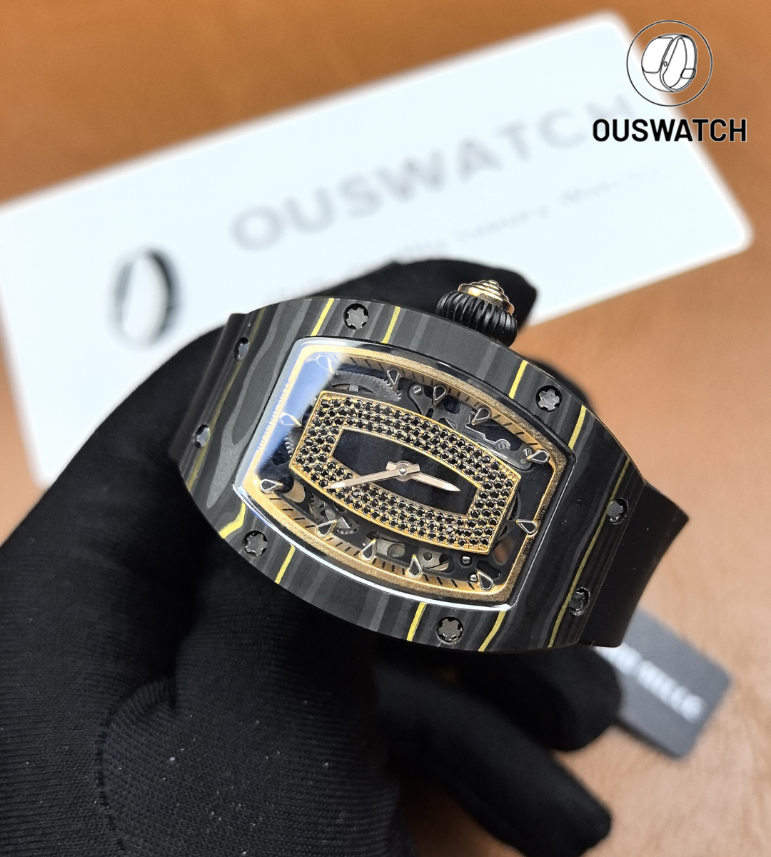 Richard Mille RM 07-02 women’s model — Carbon TPT case and dial detail, showing the composite’s striated pattern and modern aesthetic.