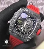 45° angled shot of the RM 35-02 dial that emphasizes depth, layered components and the skeletonized aesthetics.