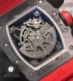 Rear view of the RM 35-02 revealing the exhibition caseback, visible movement bridges and strap endlink connection.