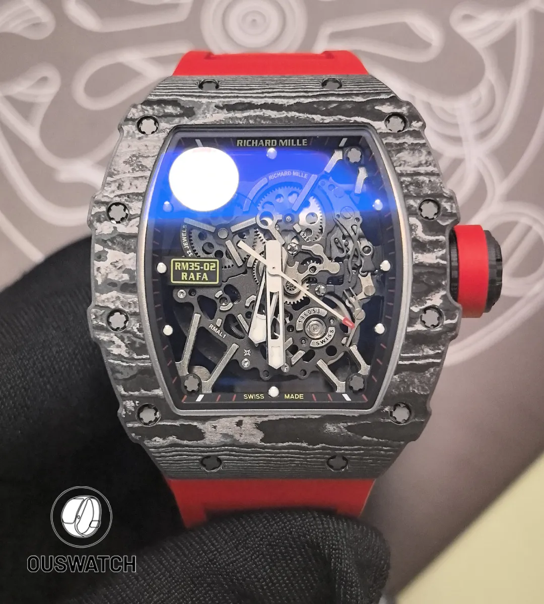 Richard Mille RM 35-02 Rafael Nadal super clone with openworked skeleton dial and textured rubber strap, front studio view.