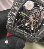 Tight composition of the RM 35-02 skeleton dial revealing the exposed gear train, bridges and multi-level architecture.