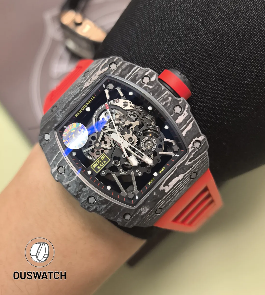 Wrist shot of the RM 35-02 Rafael Nadal replica displaying how the rubber strap hugs the wrist and the watch’s sporty stance.