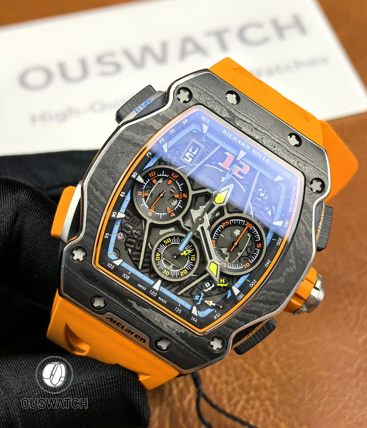 45° angle of the RM 65-01 McLaren capturing dial depth, layered bridges and the case’s three-dimensional profile.