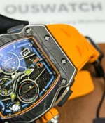 Extreme close-up revealing textured dial layers, micro-printed scales and the chronograph counter hands.