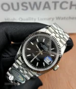 75° angled shot emphasizing the case contours and polished bezel rim against the black dial.