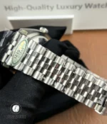 Full-length view of the Jubilee bracelet in stainless steel, highlighting polished center links and brushed outer links.