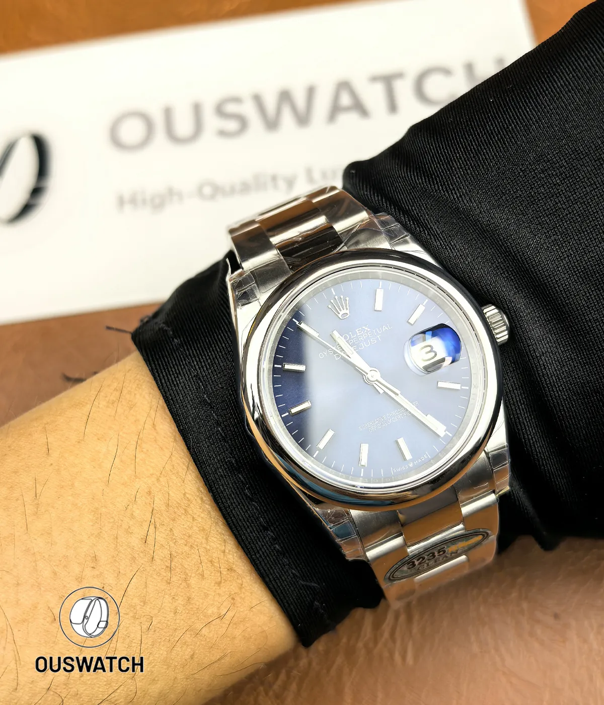 Rolex Datejust 36mm 126200 blue dial replica shown on wrist to illustrate size and everyday elegance.