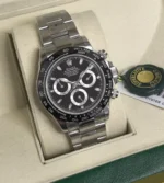Rolex Daytona 116500LN black dial chronograph shown at a 120-degree angle