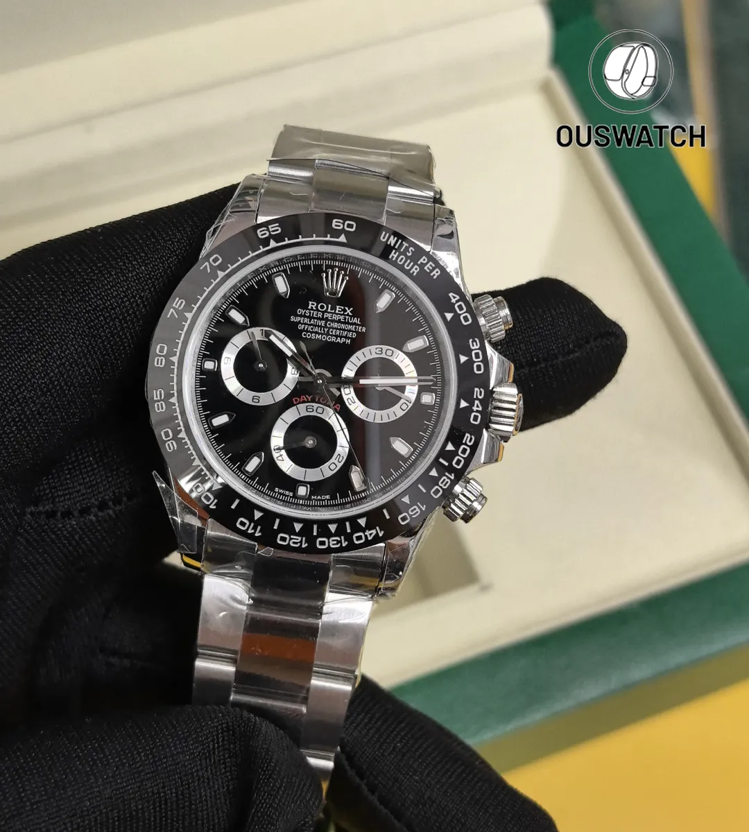 Rolex Daytona 116500LN black dial chronograph at 85-degree front angle view