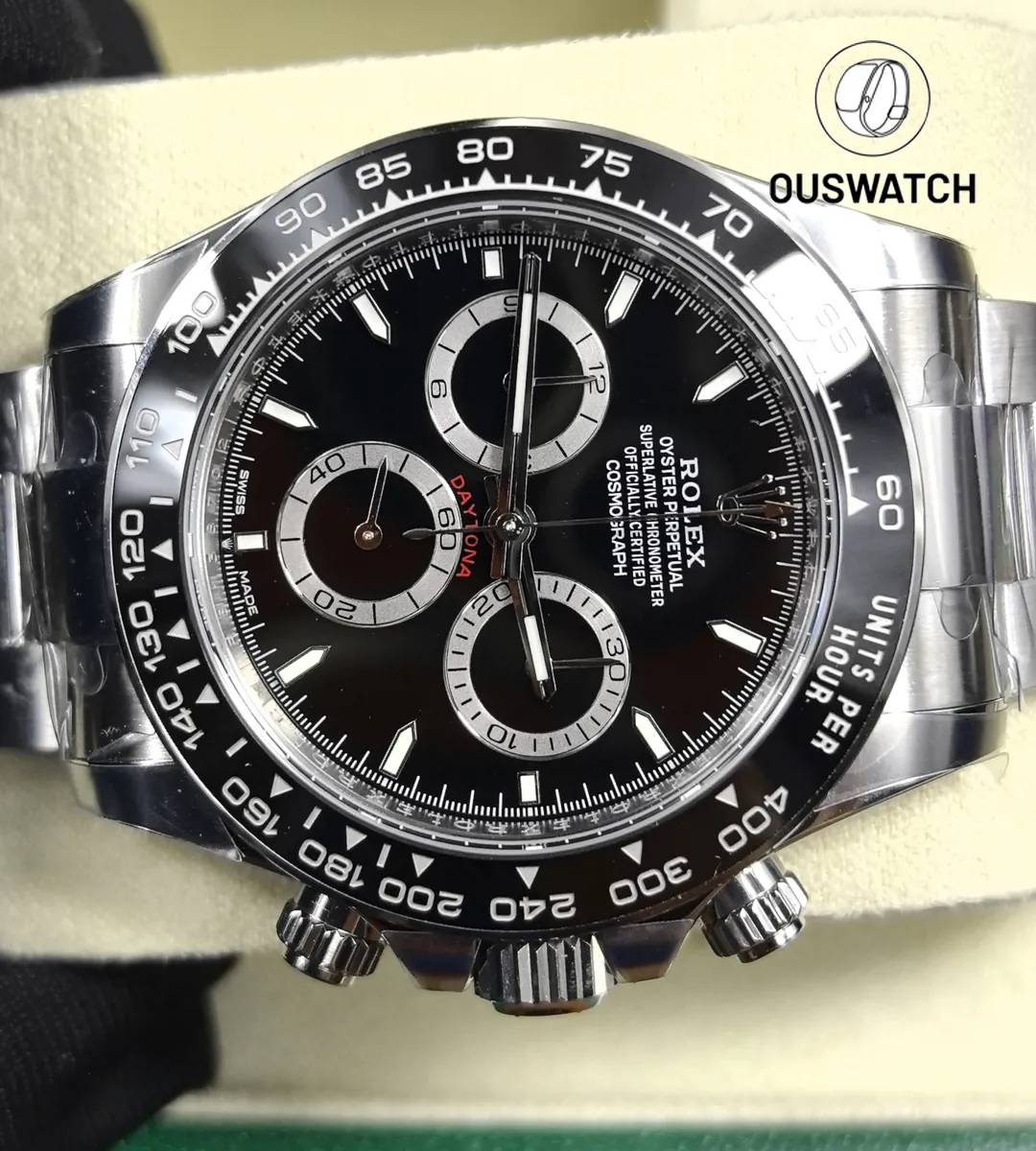 180° front close-up of the Rolex Daytona 126500LN dial showing subdials and markers.