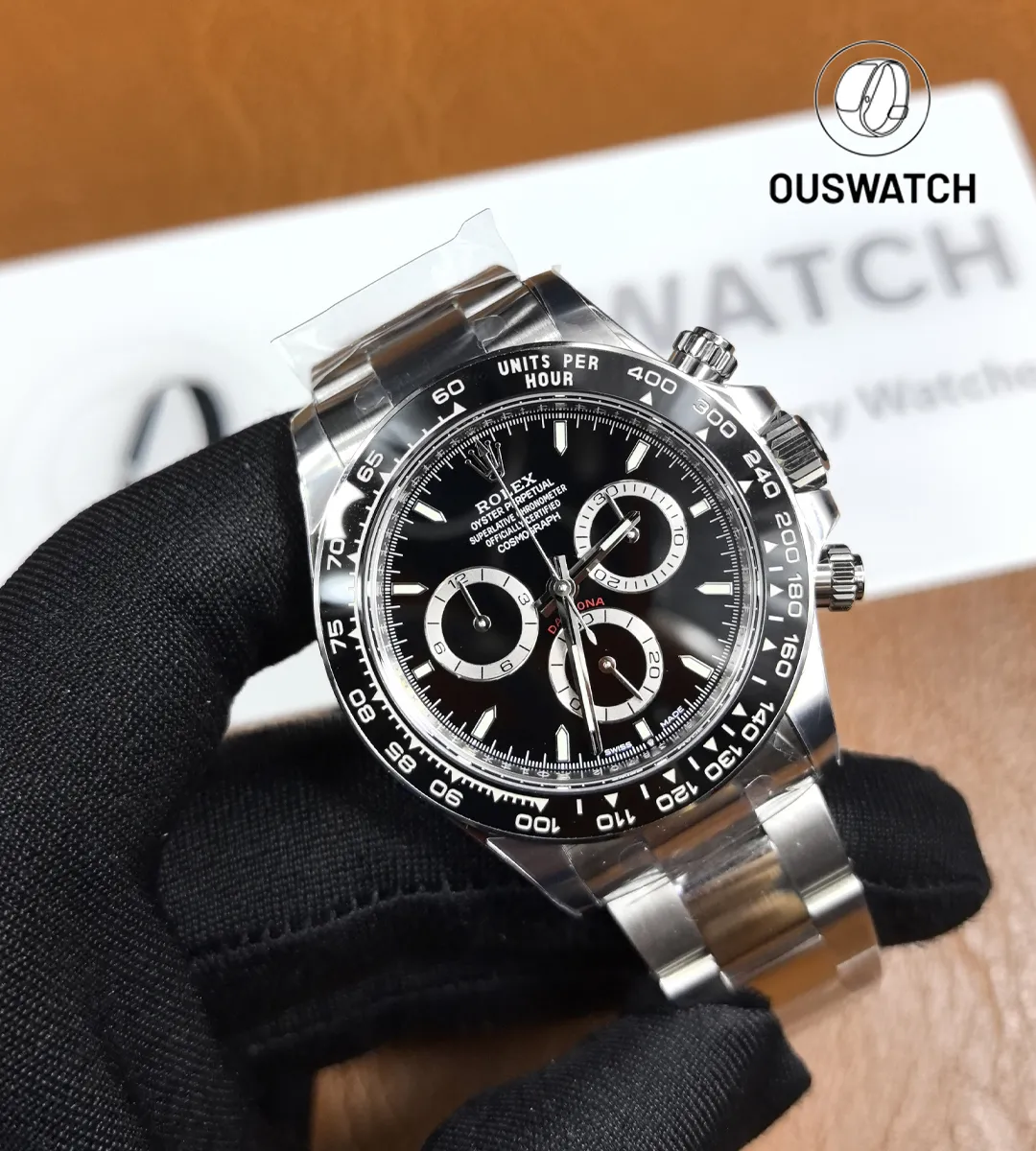 Rolex Daytona 126500LN black dial with stainless steel case shown at 130° front angle.