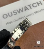 Macro detail of the clasp on the Rolex Daytona Ghost 126519LN-0006 Oysterflex strap.