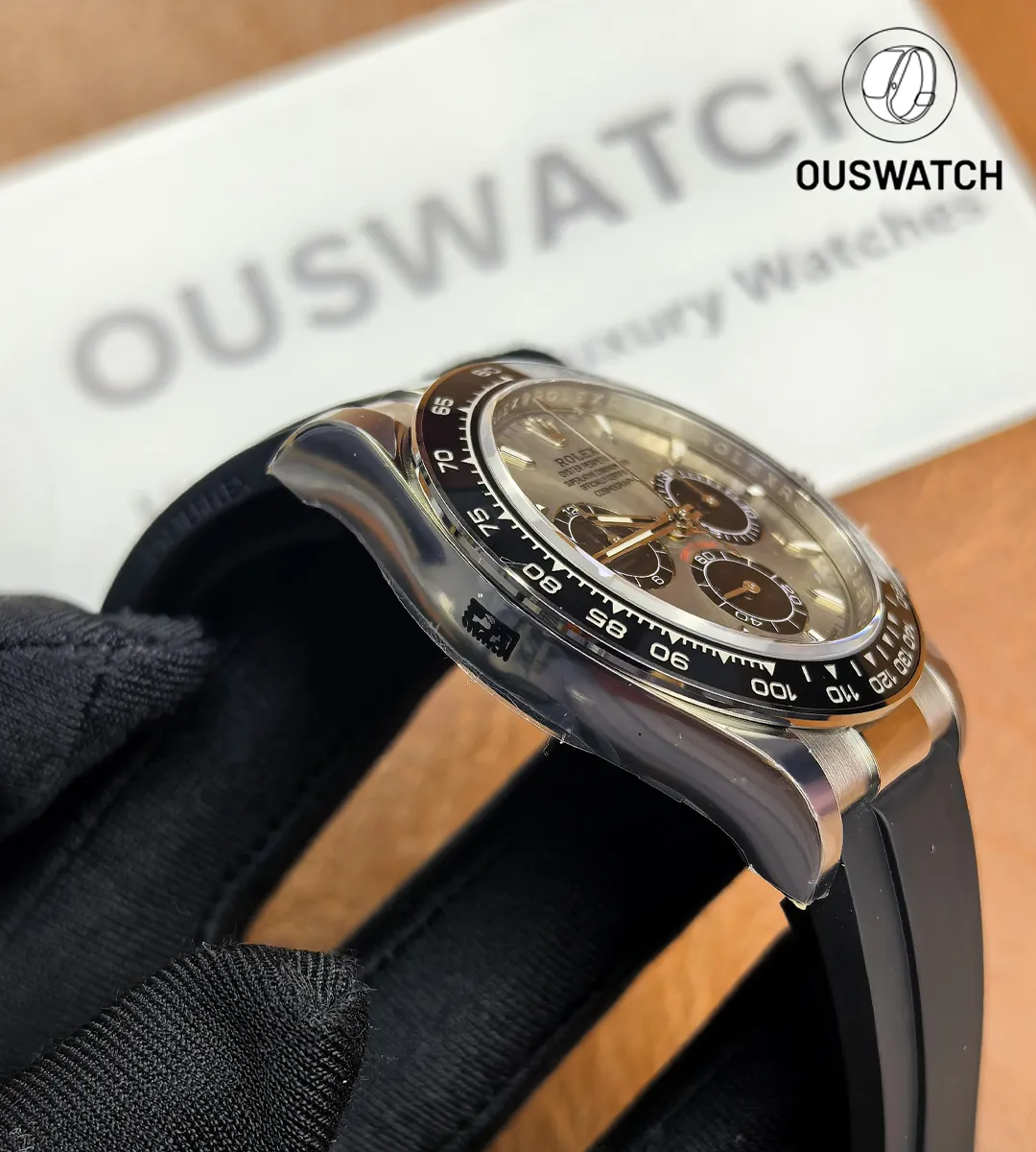 Side view of the Rolex Daytona Ghost 126519LN-0006 white gold case and crown guards.