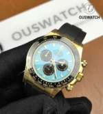 Rolex Daytona 126518LN yellow gold Tiffany blue dial shown at a 75° angle.
