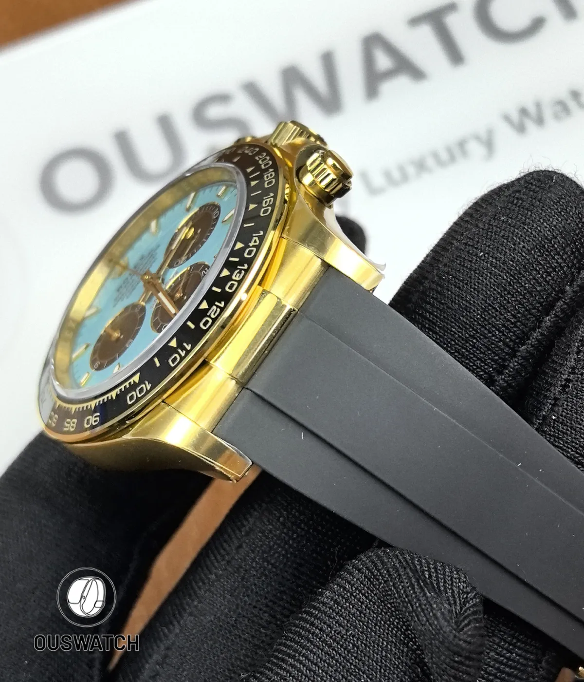 Close-up of the lugs and Oysterflex strap attachment on Rolex Daytona 126518LN yellow gold.