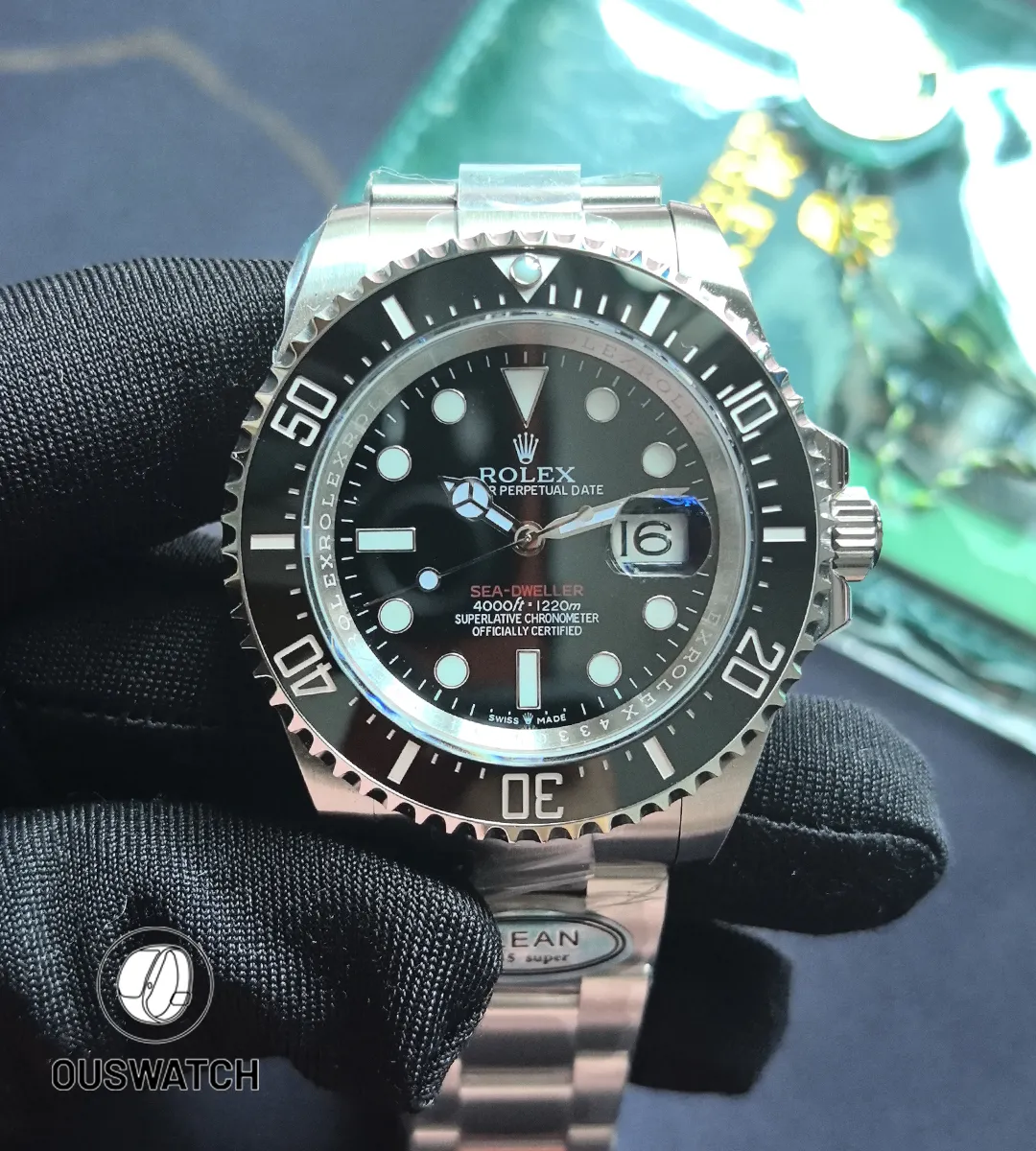 Front-on image of the Deepsea 126600 showing the bold dial layout and oversized 43mm case presence.