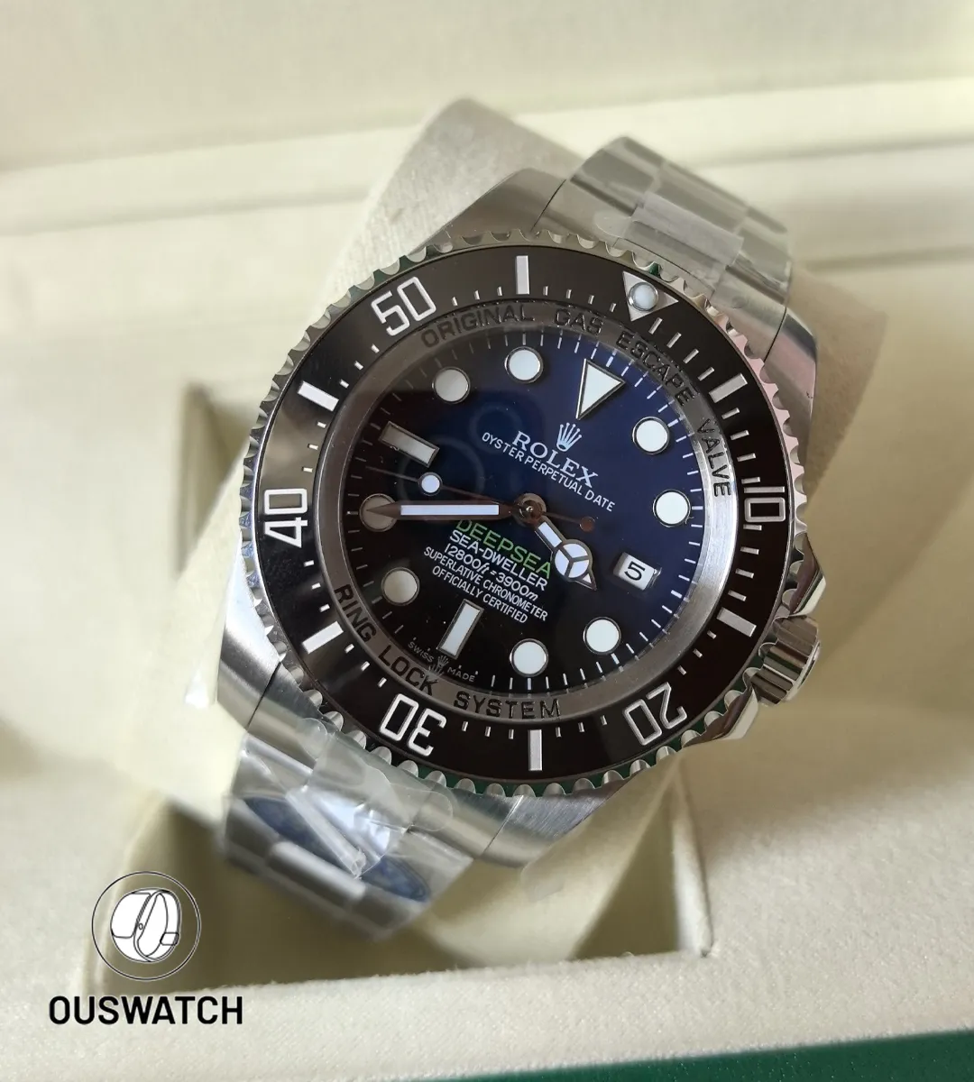 45° perspective of the Deepsea 136660 showing the stepped case and pronounced lug architecture.