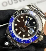45° angled view of Rolex GMT-Master II 126710BLNR showing dial and case profile.