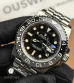 45° angle view of Rolex GMT-Master II 126710GRNR-0003 showing dial and case profile.