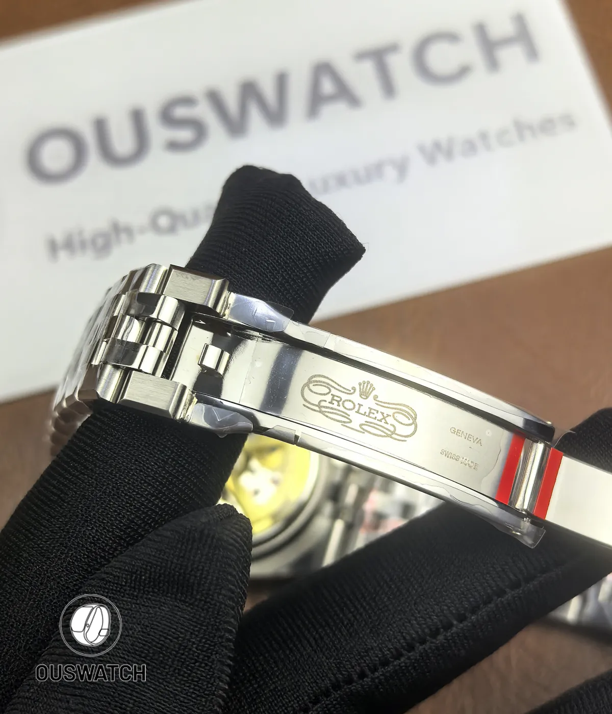 Fully unfolded folding clasp of Rolex Land-Dweller 127334-0001 showing locking mechanism.