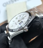 Close-up of the crown on Rolex Land-Dweller 36mm 127234 with crown guard detail.