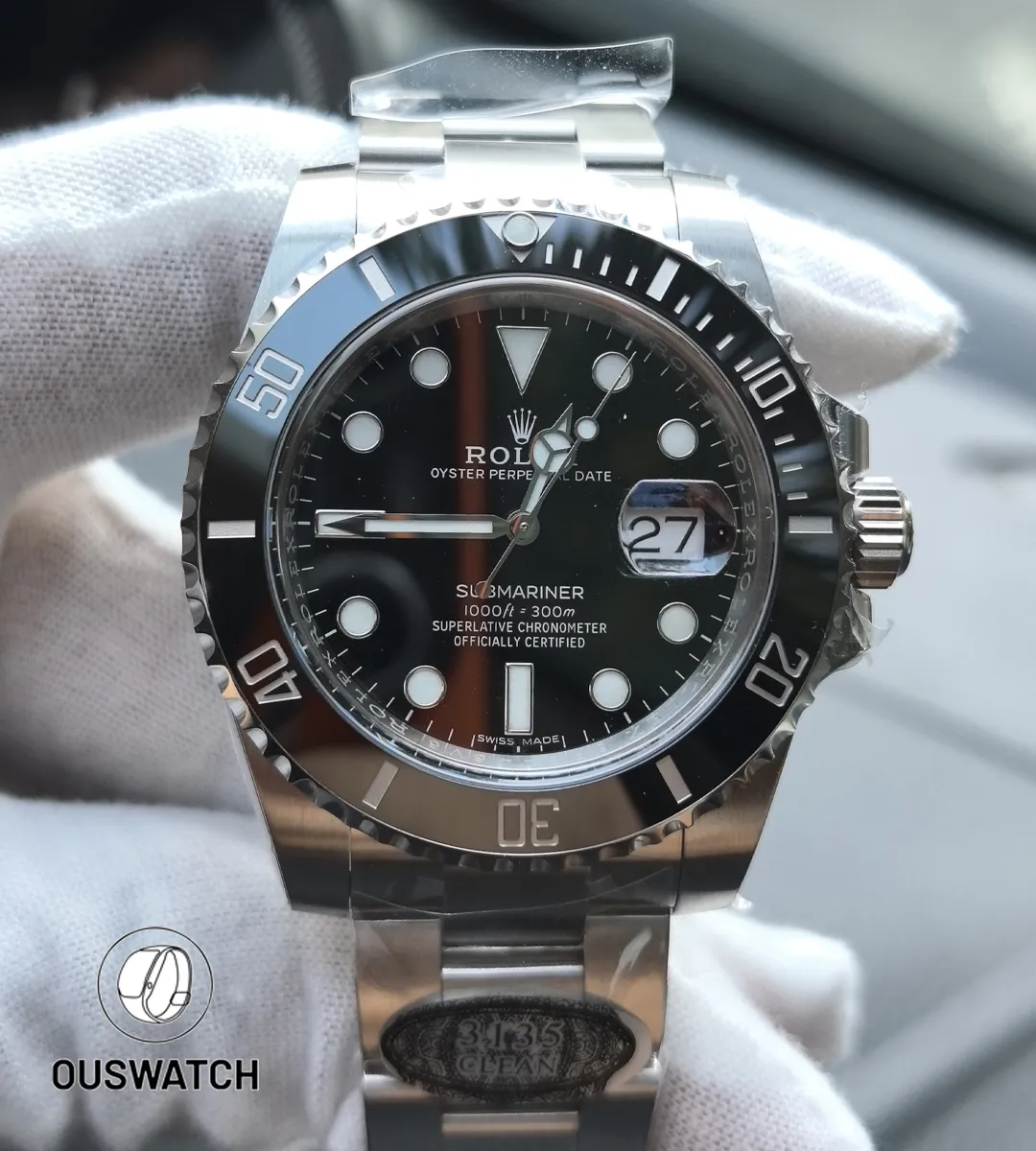 Tight composition highlighting the 116610LN dial, polished case edge and black ceramic bezel interplay