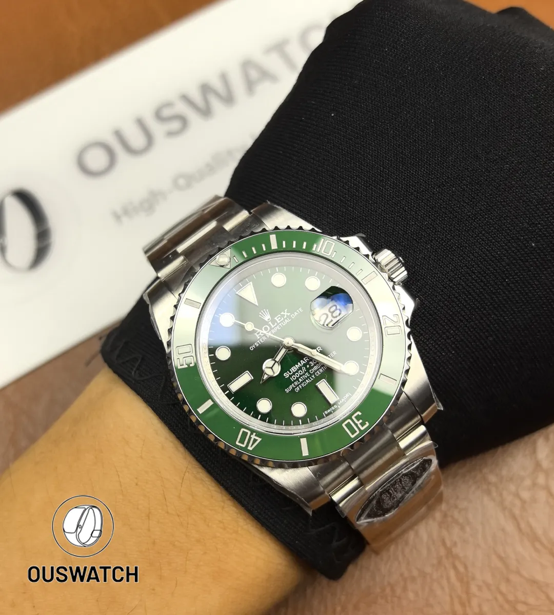 Lifestyle wrist photo of the green-on-green Submariner Hulk worn casually to show real-world look.