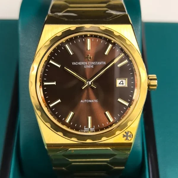 Vacheron Constantin Historiques 222 4200H super clone in yellow/rose gold with brown dial, straight-on studio view.