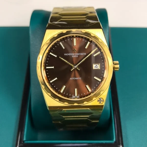Vacheron Constantin Historiques 222 4200H super clone in yellow/rose gold with brown dial, straight-on studio view.