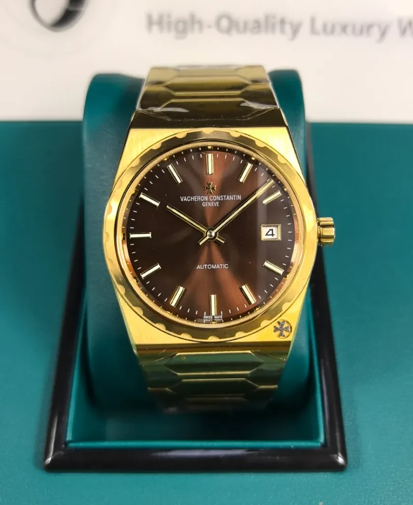 Vacheron Constantin Historiques 222 4200H super clone in yellow/rose gold with brown dial, straight-on studio view.