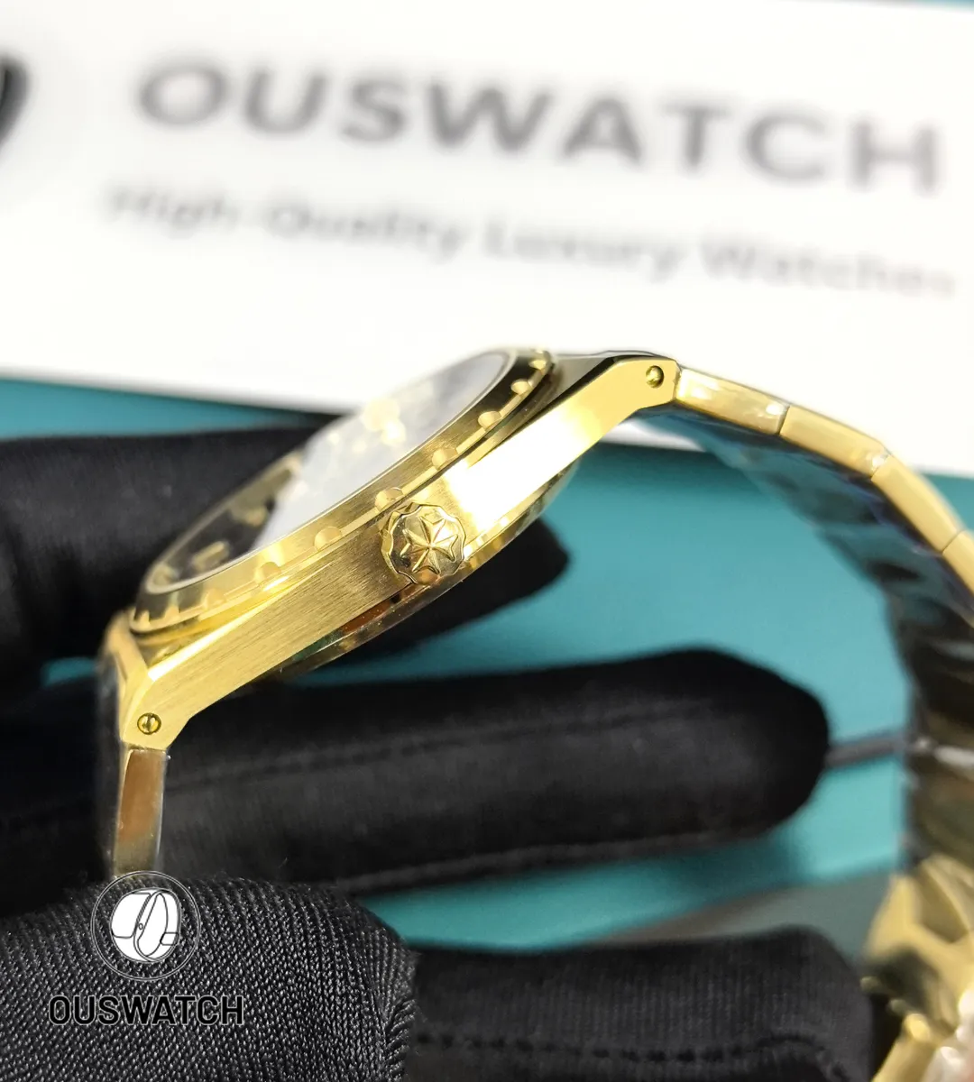 Close-up of the signed crown and crown tube on the Historiques 222, showing knurling and finishing touches.