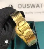 Tight shot of the gold clasp on the Historiques 222, focusing on polish contrast and hinge detail.