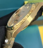 Side profile showing the yellow-gold case craftsmanship—brushed flanks, polished bevels and refined lug geometry.