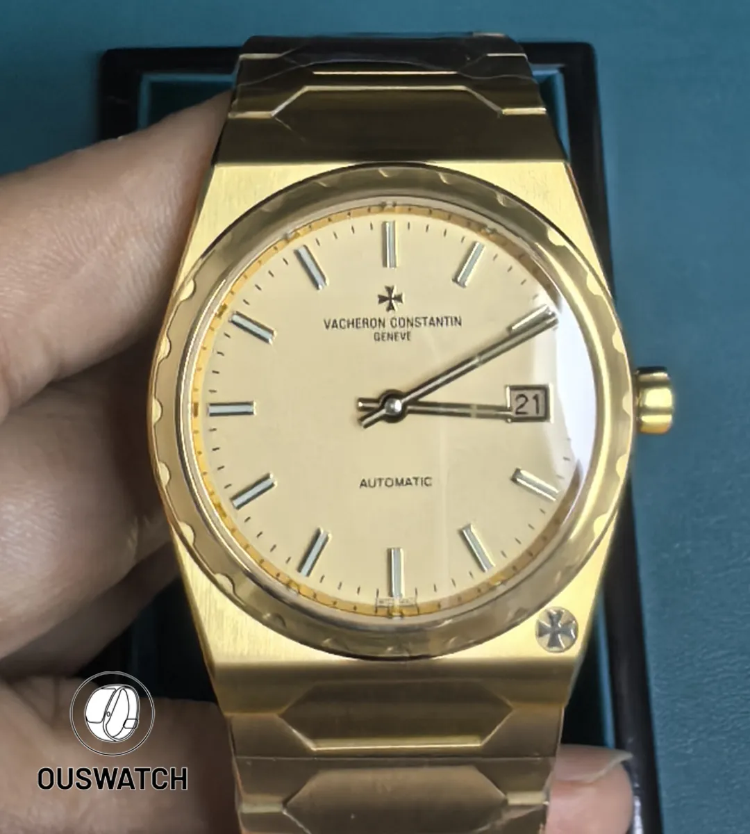 Full-face presentation of the Historiques 222 yellow-gold model highlighting the octagonal bezel and textured dial surface.