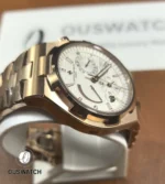 Side profile emphasizing case thickness, satin brushing and the refined edge work of the rose-gold case.