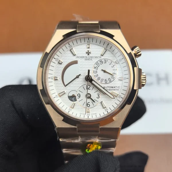 Vacheron Overseas Dual Time 47450/B01R-9404 in rose gold — clean front portrait showing white dial and dual-time hands.