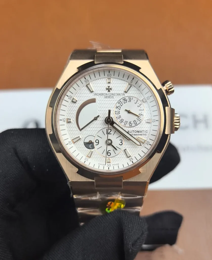 Vacheron Overseas Dual Time 47450/B01R-9404 in rose gold — clean front portrait showing white dial and dual-time hands.