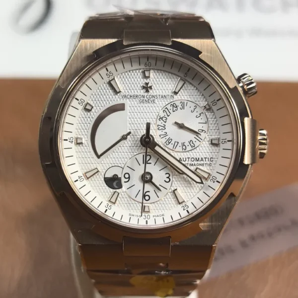 Vacheron Overseas Dual Time 47450/B01R-9404 in rose gold — clean front portrait showing white dial and dual-time hands.