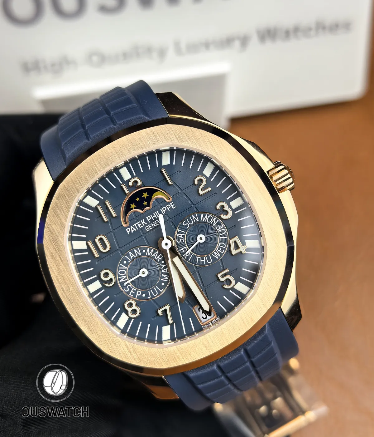 Left-angled 45-degree view of the Aquanaut 5261R-001, highlighting the domed sapphire crystal, blue dial texture, and polished rose gold case edges.