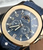 45-degree macro view of the Aquanaut 5261R-001, highlighting the embossed blue dial surface, moon phase subdial, and rose gold case contours.