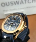 Close-up of the Aquanaut 5261R-001 rose gold case with satin-brushed surface and screw-down crown, showing precise edge finishing.