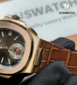 Macro detail of the Nautilus 5980R lugs in rose gold, showing the smooth bevels, satin brushing, and strap integration.